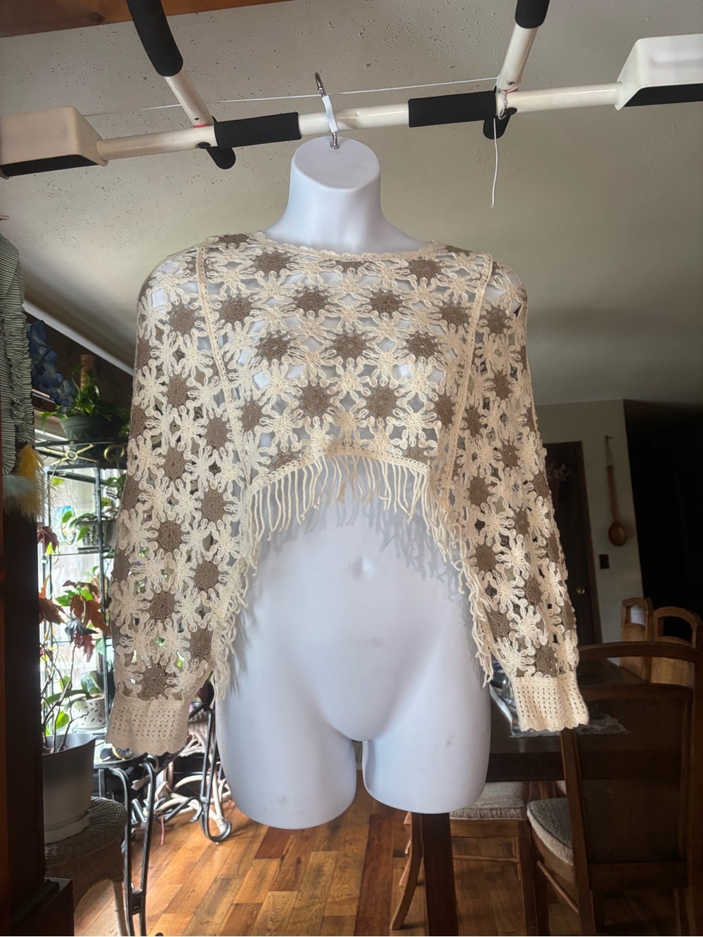 Handmade Crochet Women’s Floral Fringe Crop Sweater — Cream & Beige Size S/M